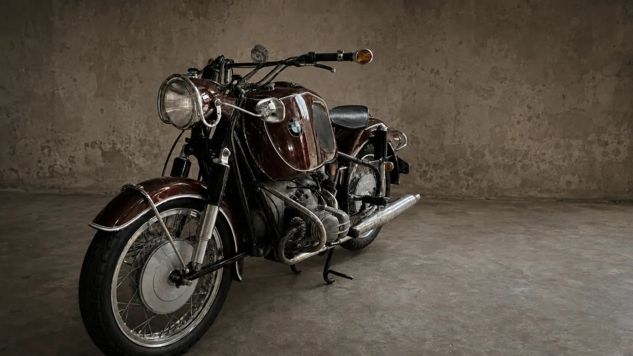Vintage BMW boxer motorcycle with a chrome mirror mounted beside the headlight