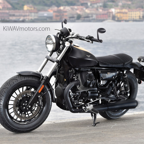Ultra bar end mirrors on a Moto Guzzi V9 Bobber motorcycle.