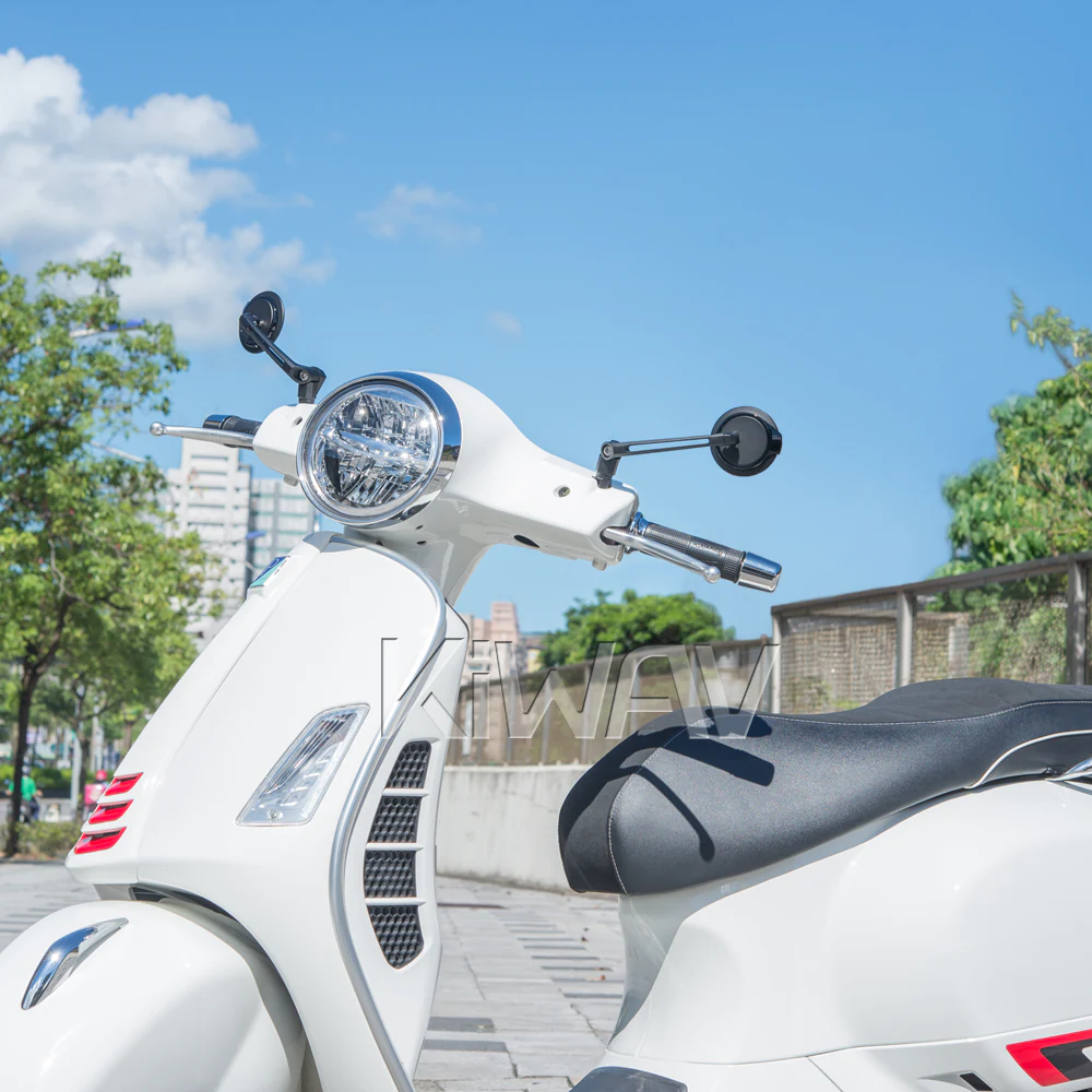 Aura black motorcycle mirrors on a Vespa GTS 300
