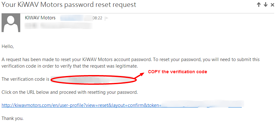 KiWAV Motors member reset password step4