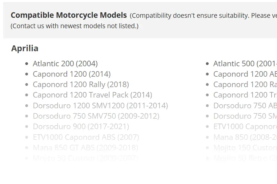 Check the mirror's motorcycle model compatibility list